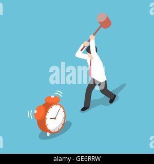 Isometric businessman trying to destroy alarm clock by hammer, time management mistakes concept Stock Vector