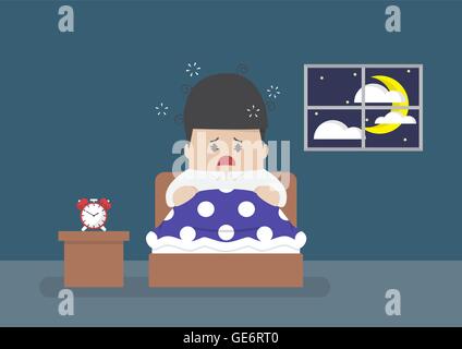 Businessman is wide awake in middle of night, sleep disorder, insomnia and health concept Stock Vector