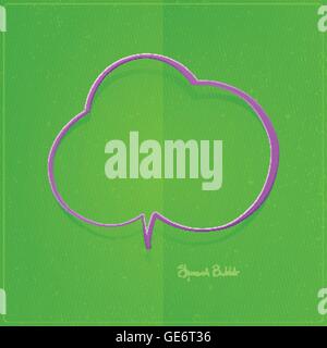 comic, cartoon style speech bubble over green paper texture. vector violet cloud icon. blank text box sign. social media, web ch Stock Vector