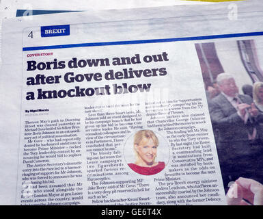'Boris down and out after Gove delivers a knockout blow'   in the  i  newspaper article London UK 1st July 2016 Stock Photo