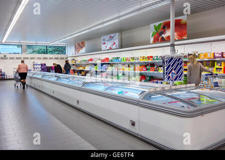 Frozen food in freezer section of an Aldi discount supermarket