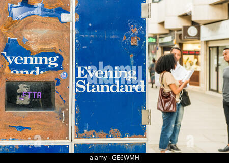 London, United Kingdom - July 22, 2016: Evening Standard, free daily newspaper, Monday to Friday tabloid. Old stand. Stock Photo