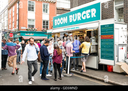 London, United Kingdom - July 22, 2016: Leather Lane Street Market - street in Holborn with great streetfood Stock Photo