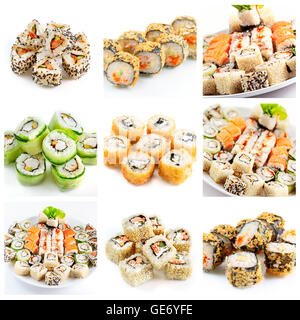 Japanese food. Different sushi and rolls assortment. Collage. Stock Photo