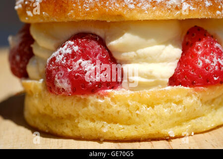 A close up shot of a fresh cream strawberry sponge cake decorated with fresh strawberrys. Stock Photo