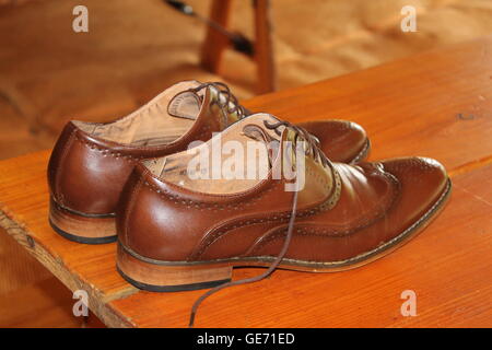 Men's brown formal shoes, brown leather brogues, men's smart shoes, brown shoes, shoes with laces Stock Photo