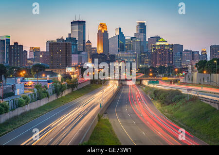 Downtown Minneapolis at Twilight Overlooking 35W Stock Photo