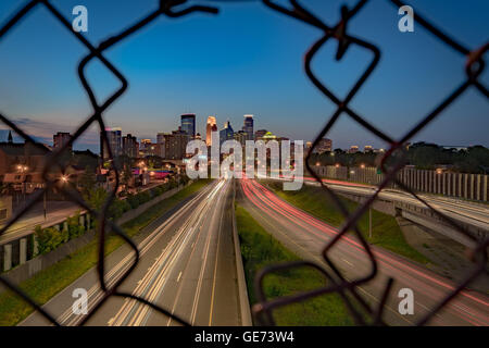 Downtown Minneapolis at Twilight Overlooking 35W Stock Photo