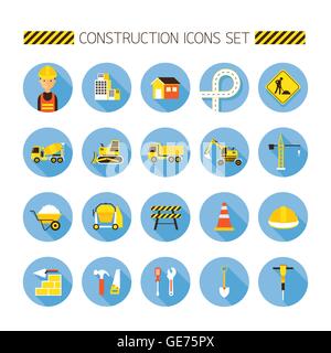 Construction Objects Flat Icons Set, Worker, Equipment, Vehicles Stock Vector