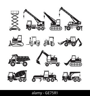 Construction Vehicles Objects Silhouette Set, Side View, Heavy Equipment, Machinery, Engineering Stock Vector