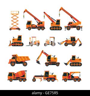 Construction Vehicles Objects Orange Set, Side View, Heavy Equipment, Machinery, Engineering Stock Vector