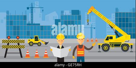 Construction Site, Worker with Engineer, Background, Vehicles, Heavy Equipment, Building Stock Vector