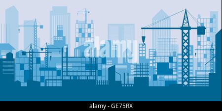 Construction Skyline, Scene, Blue Background, Site, City, Urban, Facility Stock Vector