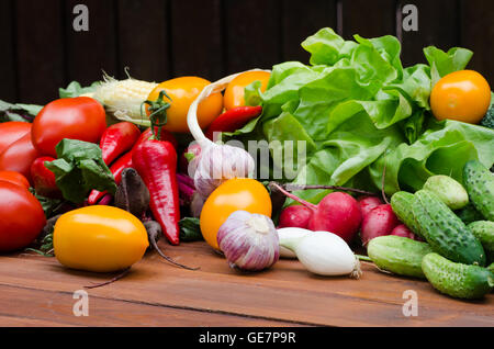 group of fresh vegetables on table Stock Photo
