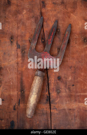 Small well-used scratched red hand garden fork with wooden handle lying on old stained wood Stock Photo