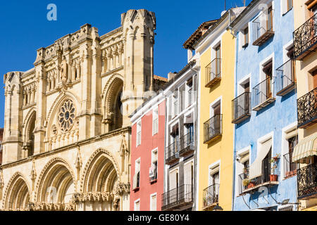 Cuenca, Spain, old town detail of the colourful buildings and Cathedral on Plaza Mayor, Cuenca, Castilla La Mancha, Spain