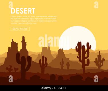 Sunset in stone desert with cactuses Stock Vector
