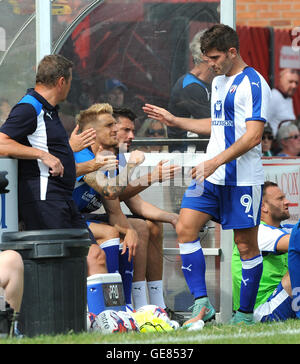 Chesterfield's Ched Evans (right) is substituted during the pre-season friendly match at New Manor Ground, Ilkeston. Stock Photo