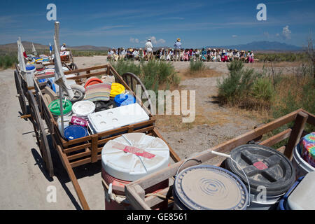Mormon high school students participate in a three-day handcart trek, recreating the Mormon pioneer experience. Stock Photo