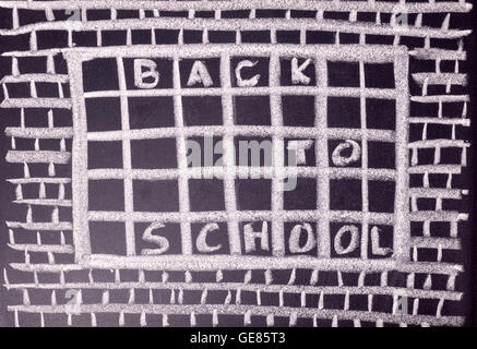 humorous concept of hate school as prison with handwriting text back to school is written in chalkboard, close up Stock Photo