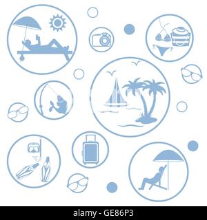Set of stylized icons of traveler equipment and accessories to relax at your leisure on a white background Stock Vector