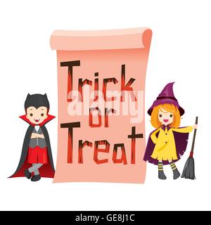 Children in Halloween Costume with Banner, Holiday, Culture, Disguise, Ornate, Fantasy, Night Party Stock Vector