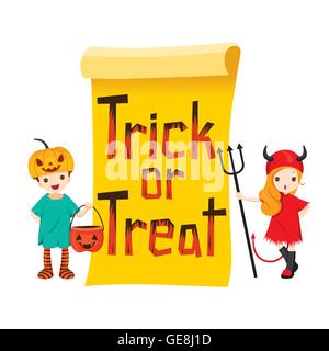 Children in Halloween Costume with Banner, Holiday, Culture, Disguise, Ornate, Fantasy, Night Party Stock Vector