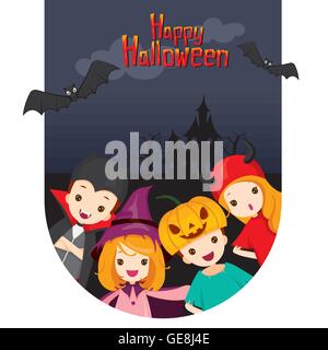 Children on Castle Background, Holiday, Culture, Disguise, Ornate, Fantasy, Night Party Stock Vector