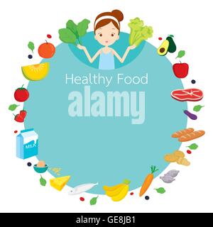 Cute girl and useful food object icons round frame, healthy, organic, nutrition, medicine, mental and physical health, category Stock Vector