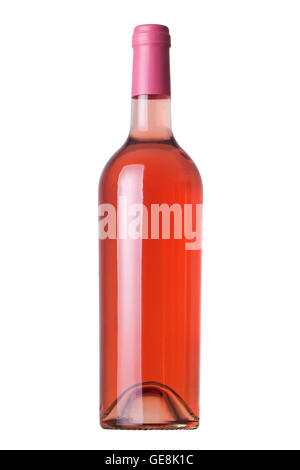 Rose wine bottle without label and pink cap isolated on white background. Stock Photo