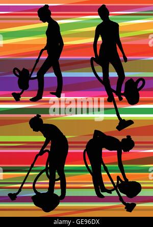 Woman maid with vacuum cleaner and carpet sweeper cleaning rug floor in colorful illustration background vector Stock Vector