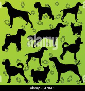 Dogs and dog footprints detailed silhouettes illustration collection background vector Stock Vector