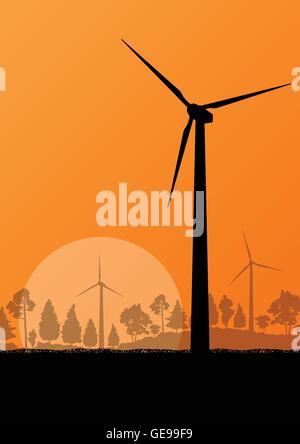 Wind electricity generators and windmills in countryside forest nature landscape ecology illustration background vector Stock Vector