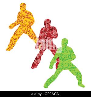 Active taekwondo martial arts fighters combat fighting and kicking sport silhouette vector background concept Stock Vector