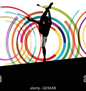 Female woman modern rhythmic gymnastics art with Indian clubs vector abstract background concept Stock Vector