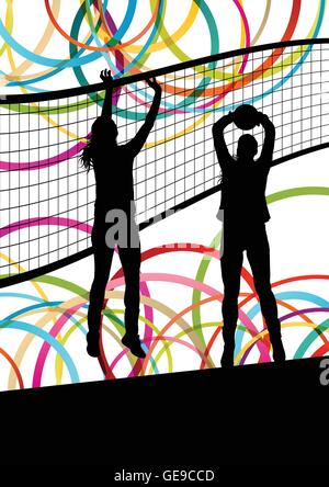 Active young women volleyball player sport silhouettes in abstract color background illustration vector Stock Vector