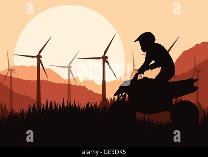 Wind electricity generators, windmills and all terrain motorcycle in desert mountain landscape ecology illustration background v Stock Vector