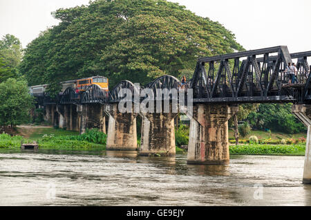 Trains for travel running on the old bridge over the River Kwai Yai is a historical attractions during World War 2 the famous of Stock Photo