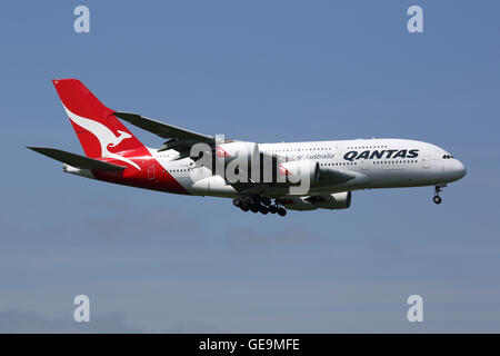 London Heathrow, United Kingdom - May 13, 2016: A Qantas Airways Airbus A380 with the registration VH-OQC approaching London Hea Stock Photo