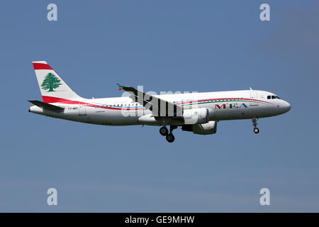 London Heathrow, United Kingdom - May 13, 2016: A Middle East Airlines MEA Airbus A320 with the registration T7-MRC approaching Stock Photo