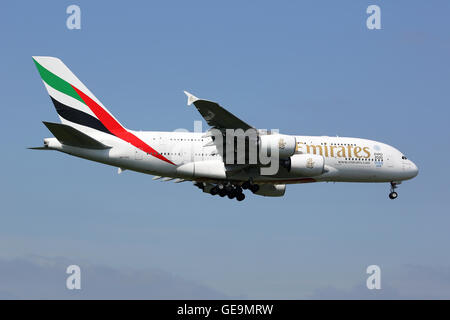 London Heathrow, United Kingdom - May 13, 2016: An Emirates Airbus A380 with the registration A6-EDU approaching London Heathrow Stock Photo