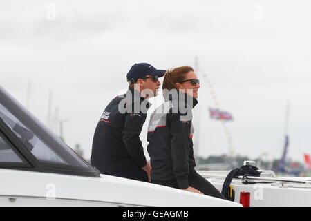 Portsmouth Harbour, Portsmouth, UK. 24th July, 2016. Louis Vuitton Americas Cup World Series Yacht Racing. 24.07.2016. Portsmouth Harbour, Portsmouth, England. Louis Vuitton Americas Cup World Series Yacht Racing. The Duke and Duchess of Cambridge William and Kate watch from the Land Rover Guest Boat as Sir Ben Ainslie and Landrover BAR win the America's Cup World Series, Portsmouth, Hampshire UK © Action Plus Sports/Alamy Live News Stock Photo