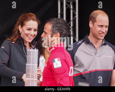 Portsmouth, UK, July 24 2016. The Duke and Duchess of Cambridge present a trophy to Franck Cammas, Skipper of Groupama team France at The Americas Cup World Series in Portsmouth. Credit:  simon evans/Alamy Live News Stock Photo