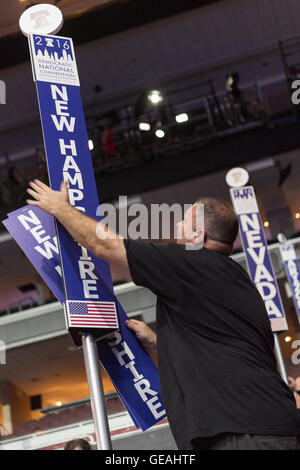 Philadelphia, Pennsylvania, USA. 24th July, 2016. A worker makes last minute preparations for the start of the Democratic National Convention at the Wells Fargo Center July 24, 2016 in Philadelphia, Pennsylvania. Credit:  Planetpix/Alamy Live News Stock Photo