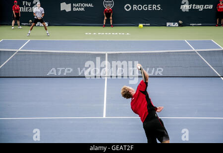Toronto, Ontario, Canada. 25th July, 2016. Gilles Miller (White shirt) from Luxemburg defeats Dmitry Tursunov (Red Shirt) from Russia in 2 sets, advancing to the secound round of Rogers Cup Tennis Tournament in Toronto, Canada. Credit:  Joao Luiz De Franco/ZUMA Wire/Alamy Live News Stock Photo