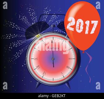 A 2017 midnight clock with balloon and firework explosion. Stock Vector