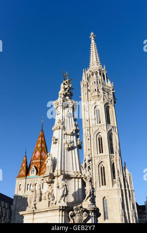 Budapest: szentharomsag ter ( Holy Trinity Square ) with Plague column, Matthias Church, Hungary, Budapest, Stock Photo