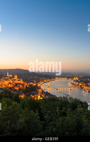 Budapest: View from Gellert hill on the Danube with the Chain Bridge , the Buda Castle , Matthias Church and the Parliament, Hun Stock Photo