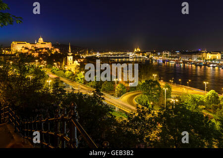 Budapest: view from Gellert hill on the Danube with the Chain Bridge , Buda Castle, Hungary, Budapest, Stock Photo