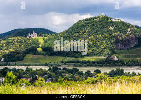 View of the Rhine valley near Königswinter, with the Siebengebirge, seven mountains area, Drachenfels mountain, Germany Stock Photo